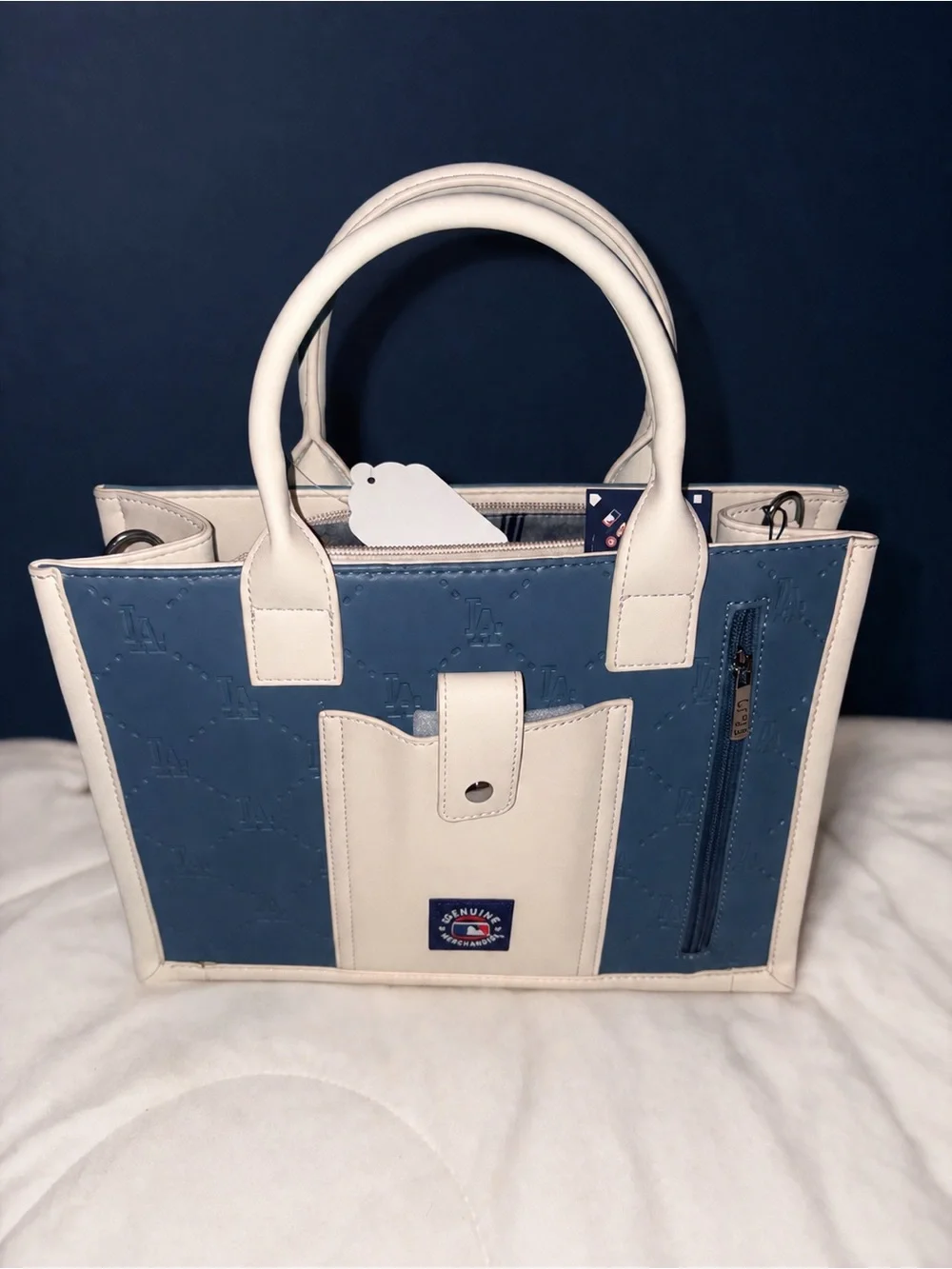 LA Embroidered Tote with Sky Blue Panels & White Trim